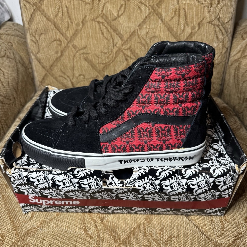 Vans Mens Sk8 Hi Supreme X Neighborhood Skate Shoes Black‎ Red High Top Logo 10M